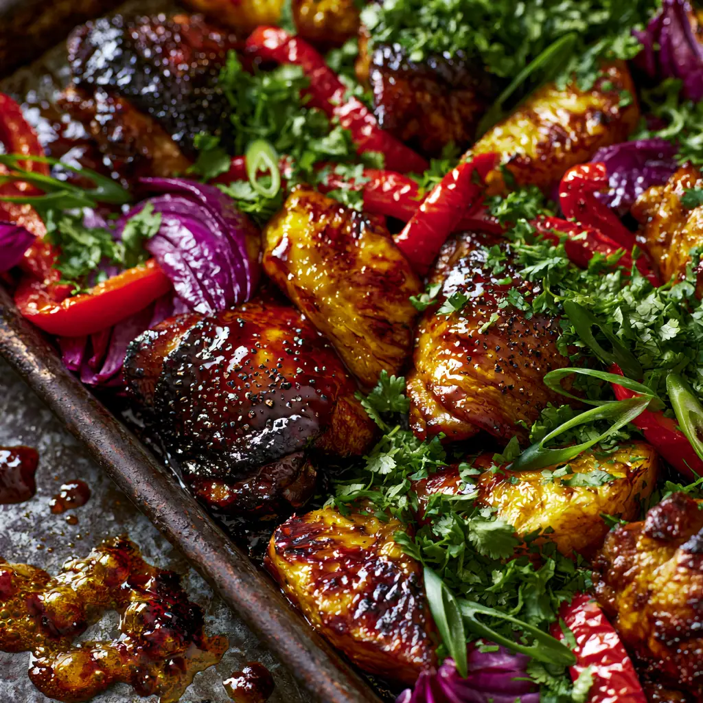 Hawaiian Chicken Sheet Pan Dinner with Charred Pineapple 2 Close-up of seared Hawaiian chicken thighs and charred pineapple wedges with bubbling dark caramelized sauce bits on a weathered metal pan.