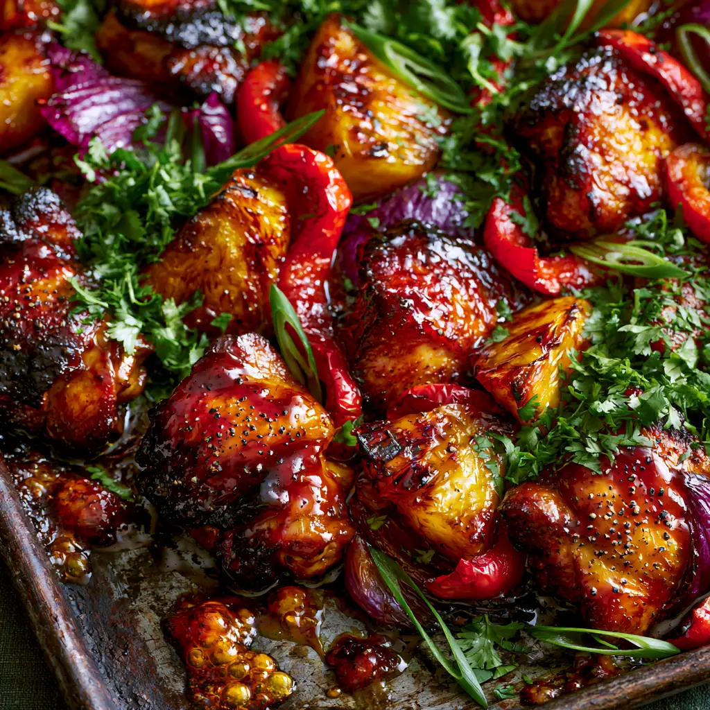 Hawaiian Chicken Sheet Pan Dinner with Charred Pineapple 1 Top-down view of Hawaiian chicken featuring vibrant red bell peppers, purple onion petals, and a heavy scatter of bright green cilantro.