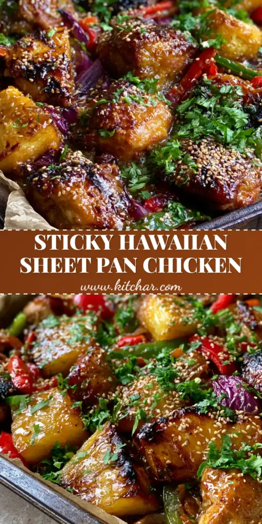 Gluten-free Hawaiian Chicken: The Ultimate Sticky Sheet Pan Dinner 4 A rustic sheet pan filled with Gluten-free Hawaiian Chicken, featuring charred pineapple wedges, blistered green peppers, and a thick amber glaze topped with sesame seeds.