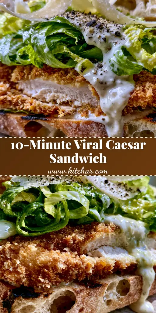 A halved crispy Chicken Caesar Sandwich on a toasted ciabatta roll with panko fried chicken and romaine ribbons.