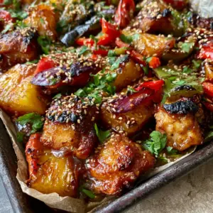 Close-up of seared chicken thighs and charred pineapple wedges coated in a bubbling amber glaze for Gluten-free Hawaiian Chicken.