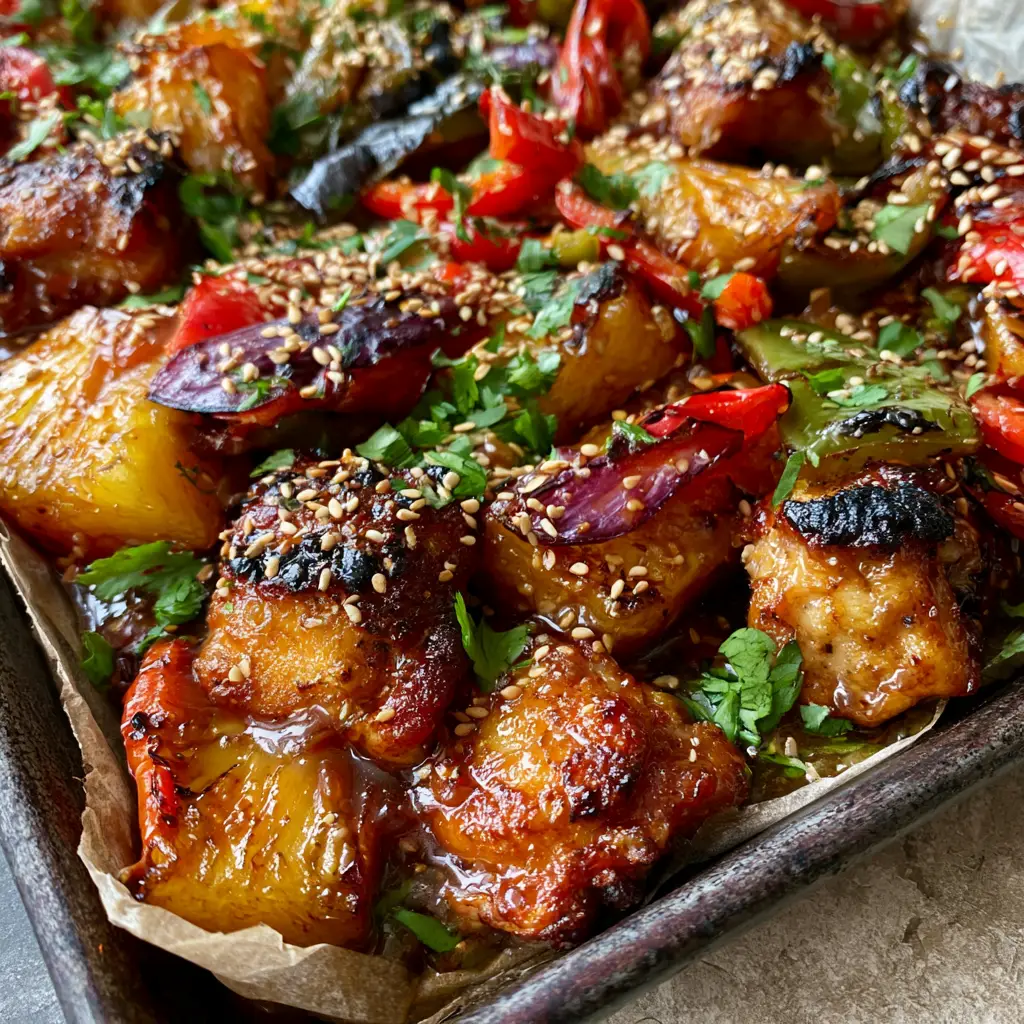 Gluten-free Hawaiian Chicken: The Ultimate Sticky Sheet Pan Dinner 2 Close-up of seared chicken thighs and charred pineapple wedges coated in a bubbling amber glaze for Gluten-free Hawaiian Chicken.
