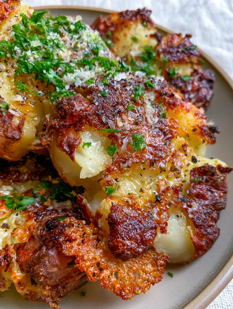 Crispy Smashed Red Potatoes with Garlic Herb Butter and Parmesan 4 Extreme close-up of ultra-crispy smashed red potatoes showing jagged charred edges and shimmering garlic herb butter glaze.