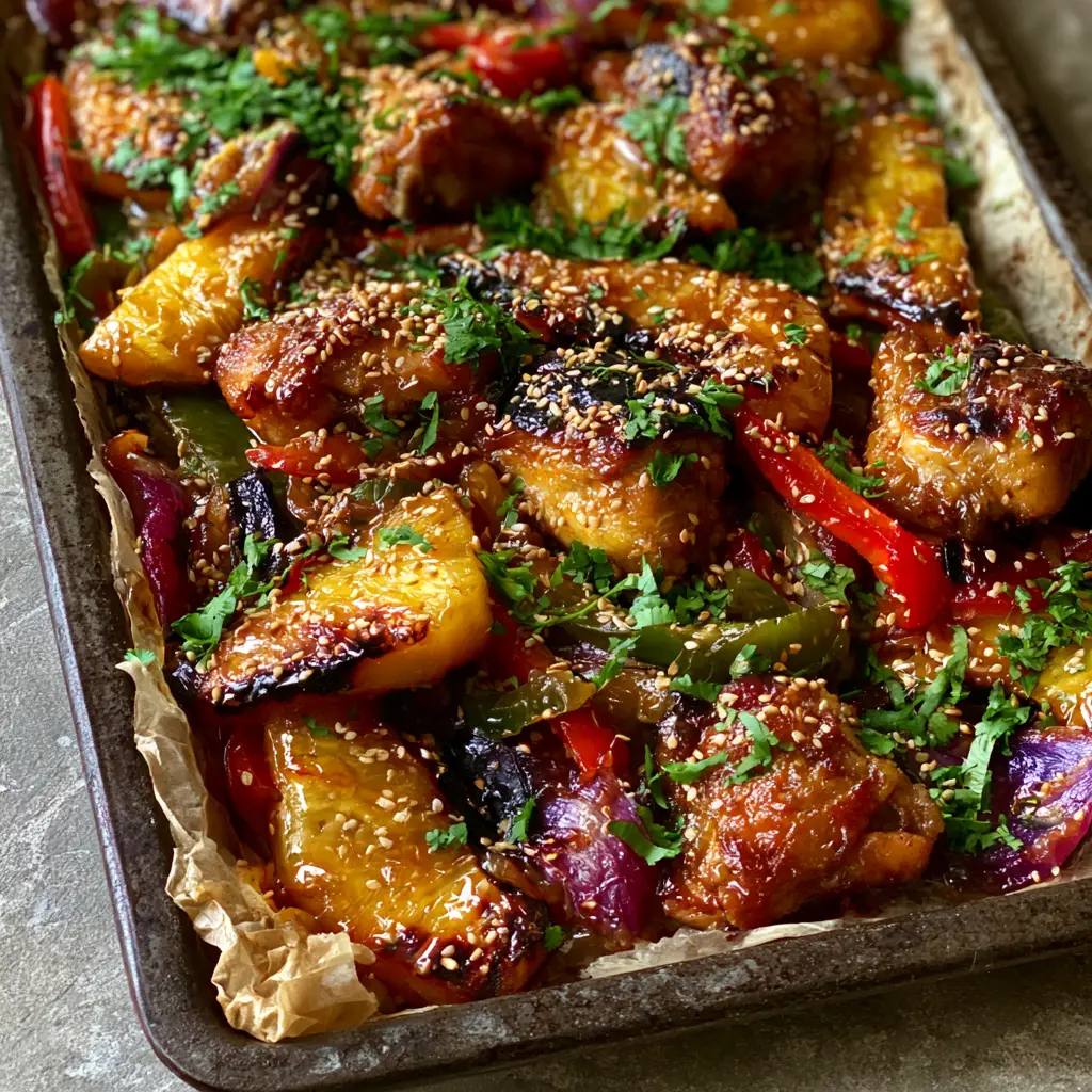 Gluten-free Hawaiian Chicken: The Ultimate Sticky Sheet Pan Dinner 1 High-angle shot of blistered bell peppers and softened red onion petals in a Gluten-free Hawaiian Chicken sheet pan meal.