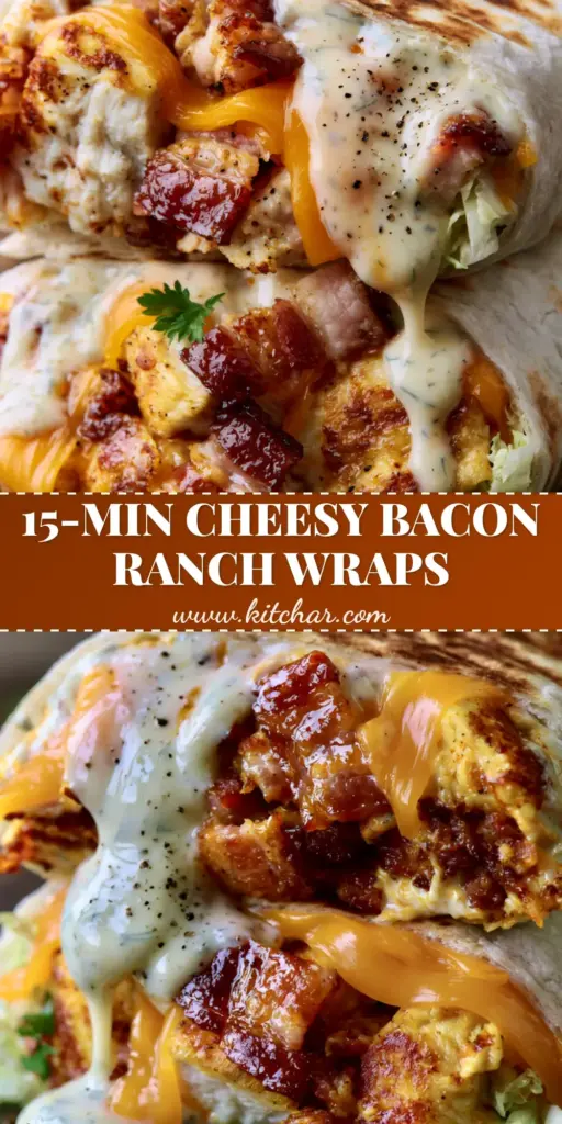 A close-up of two halved Cheesy Bacon Ranch Wraps stacked on a dark wood board, featuring golden griddle marks and dripping buttermilk ranch.