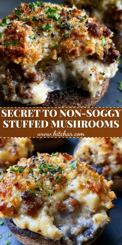 Stuffed mushrooms recipe with Sausage, Cream Cheese, and Golden Panko 4 A vertical Pin showing roasted cremini mushrooms with a thick sausage and cream cheese filling and a heavy golden panko crust. (Stuffed mushrooms recipe)