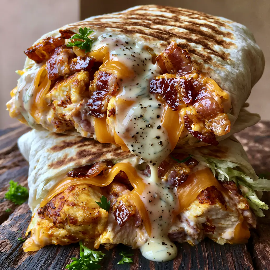 Macro food photography of a chicken wrap with a creamy ranch drip containing black pepper and dill specks.
