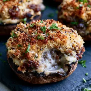 Macro close-up of roasted cremini mushrooms stuffed with creamy sausage filling and topped with golden-brown panko. (Stuffed mushrooms recipe)
