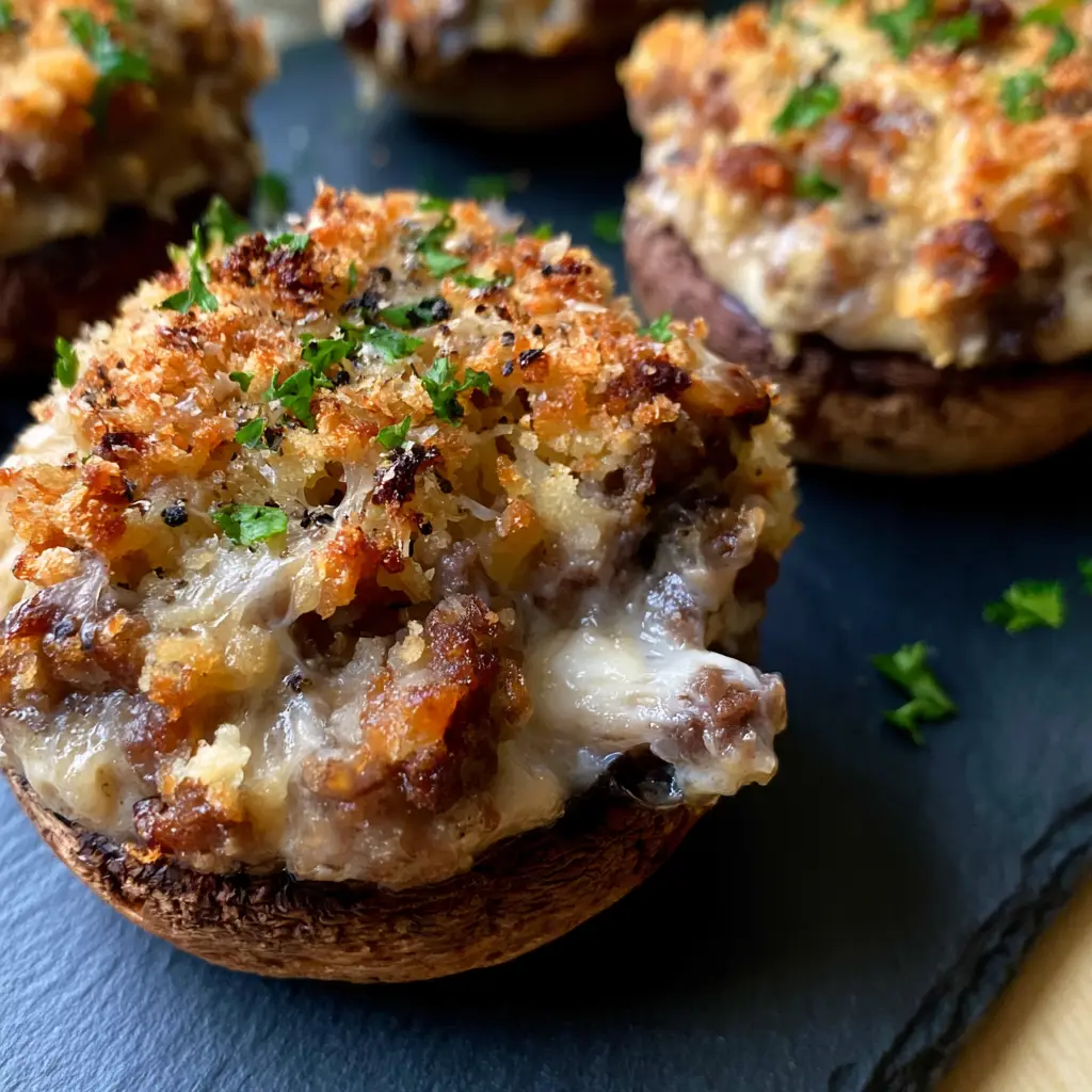 Stuffed mushrooms recipe with Sausage, Cream Cheese, and Golden Panko 1 A stuffed mushroom with a bite taken out showing the internal creamy texture and steam on a dark slate board.