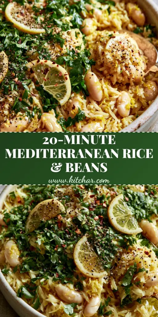 A rustic matte-white ceramic pot filled with fluffy golden mediterranean rice and beans, garnished with lemon slices and parsley.