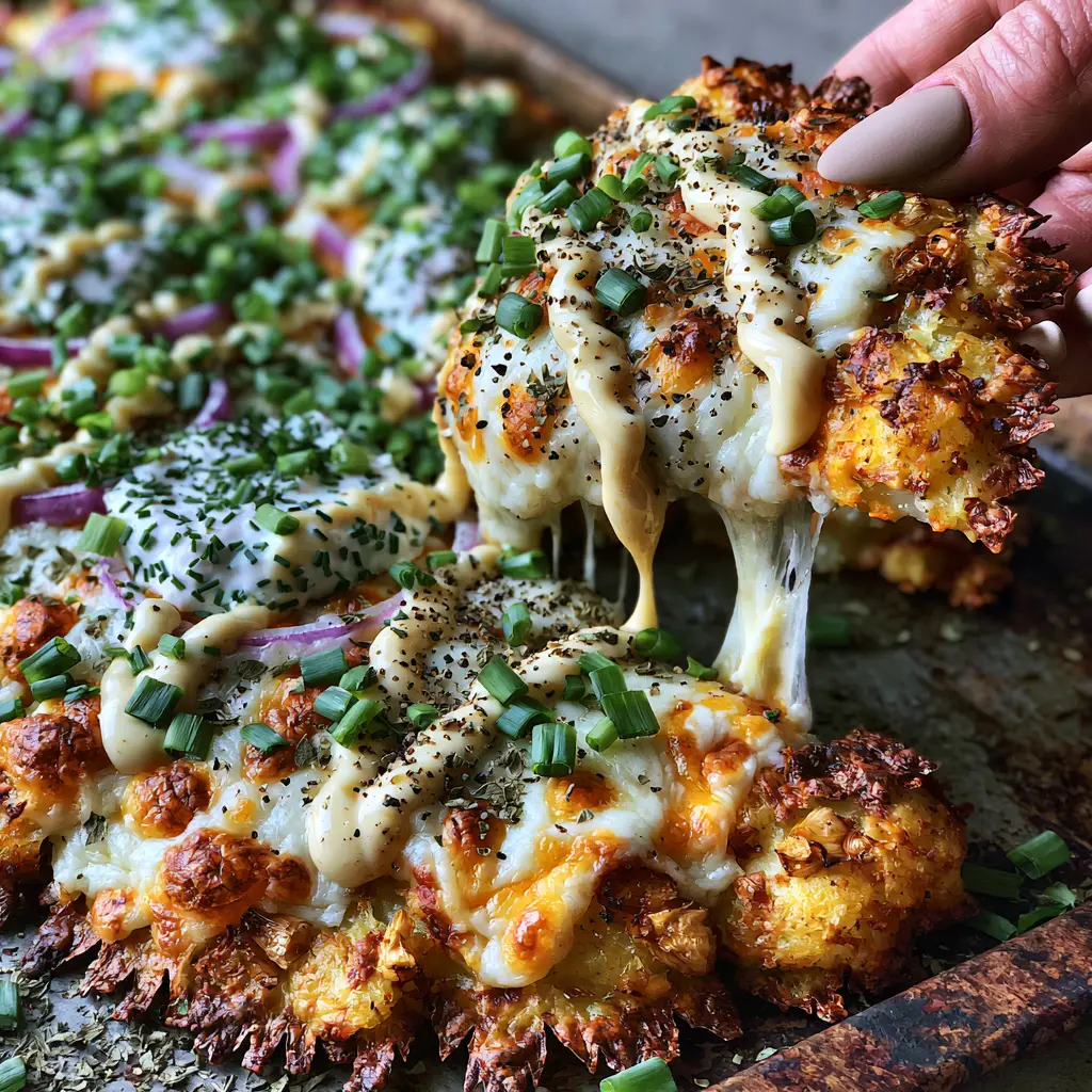 Close-up of the garlic aioli drizzle and chive sour cream dollops on a Crispy Smashed Potatoes Pizza.