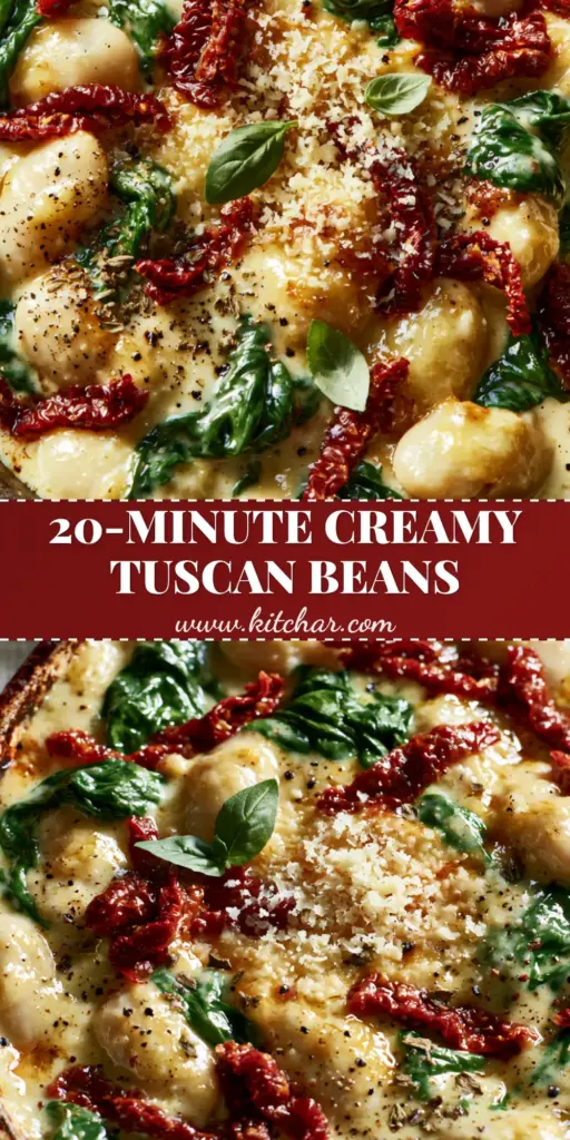 Tuscan butter beans with Creamy Garlic and Sun-Dried Tomatoes 3 A rustic cast iron skillet filled with Tuscan butter beans in a creamy garlic sauce with spinach and sun-dried tomatoes.