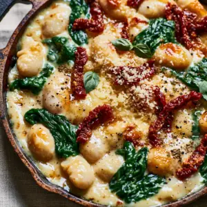 Macro shot of Tuscan butter beans simmering in a golden garlic cream sauce with emerald spinach.