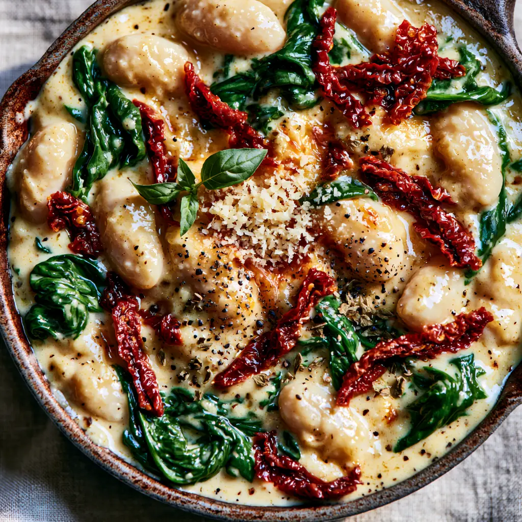 Tuscan butter beans with Creamy Garlic and Sun-Dried Tomatoes 1 Top-down view of Tuscan butter beans garnished with micro-planed parmesan and fresh basil.