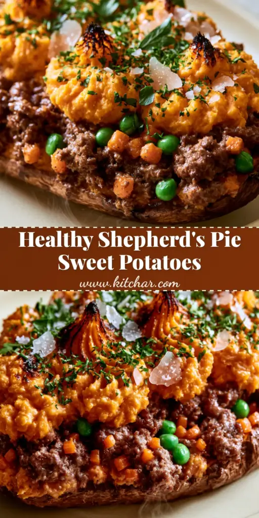 A close-up of shepherd's pie stuffed sweet potatoes featuring roasted orange sweet potato skins, seared beef crumbles, and whipped mash with toasted golden peaks.