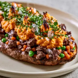 Extreme close up of a shepherd's pie stuffed sweet potato boat with savory beef, bright green peas, and charred whipped mash topping.