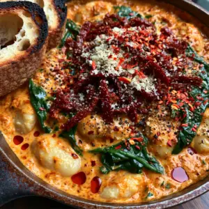 Macro photo of large butter beans in a thick orange cream sauce with wilted spinach and red chili flakes. (Tuscan Marry Me Butter Beans)