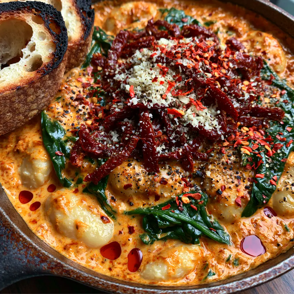 Home 6 Macro photo of large butter beans in a thick orange cream sauce with wilted spinach and red chili flakes. (Tuscan Marry Me Butter Beans)