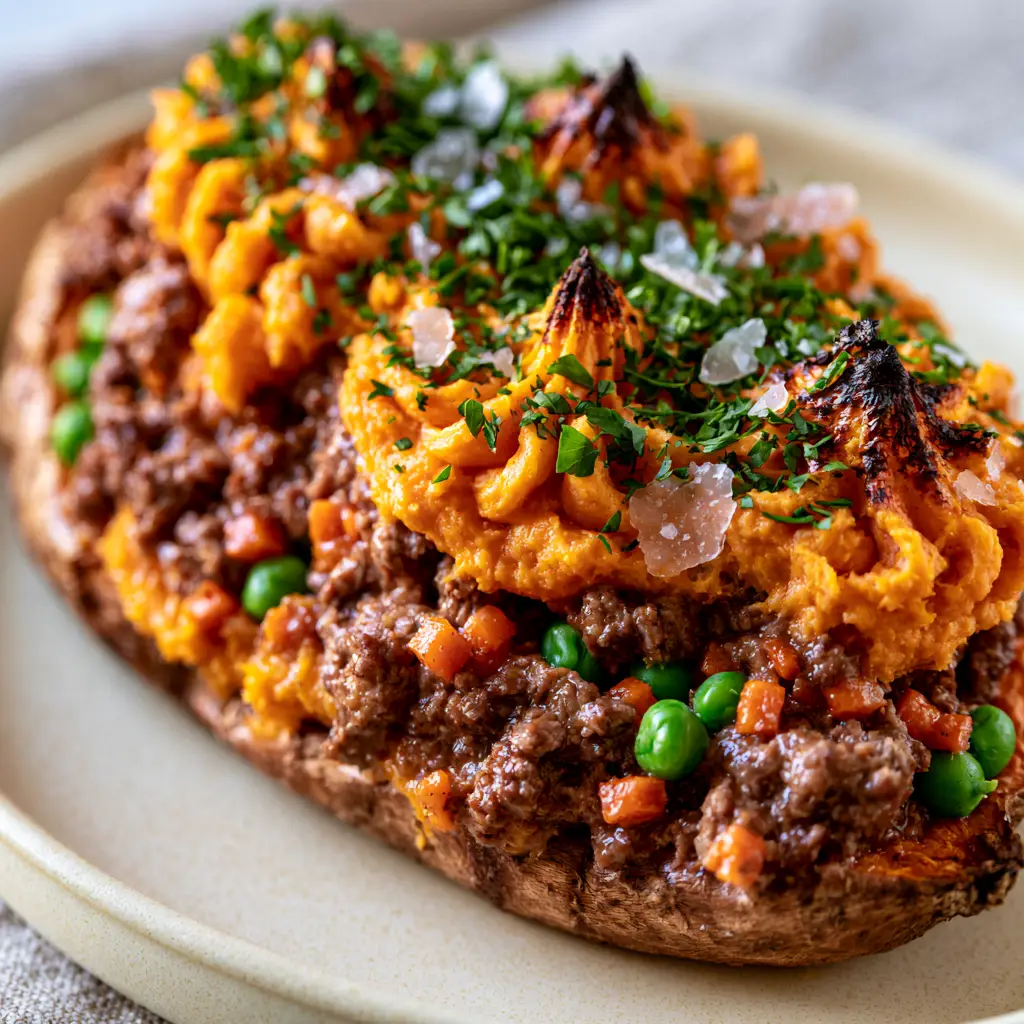 Halved sweet potato boat overflowing with seared ground beef and topped with swirls of whipped orange sweet potato mash.