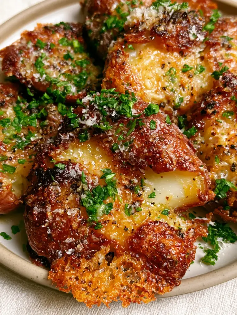 Crispy Smashed Red Potatoes with Garlic Herb Butter and Parmesan 1 Detailed view of crispy smashed red potatoes with a lacy fried parmesan crust and vibrant fresh parsley.