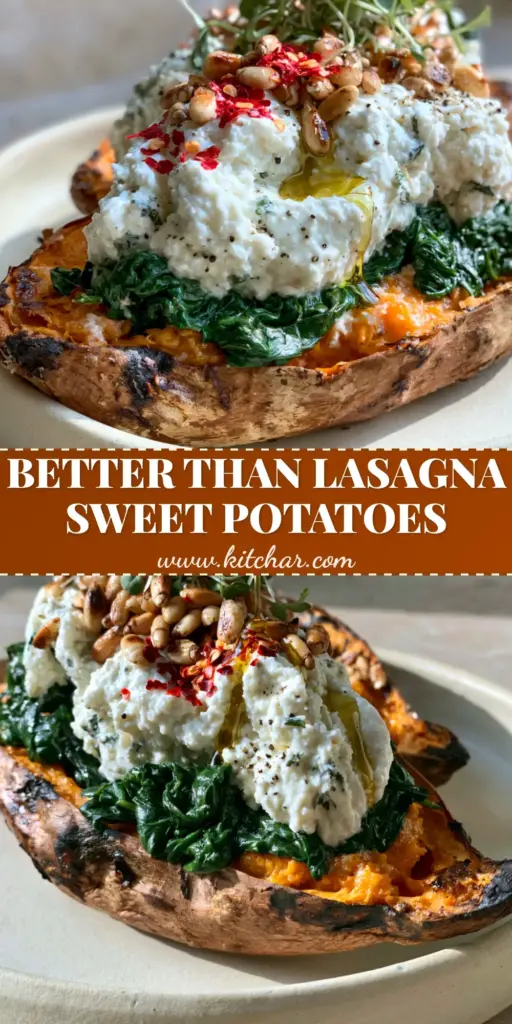 Stuffed Sweet Potatoes with Ricotta and Spinach: A Creamy & Healthy Dinner 4 Two halves of a roasted sweet potato topped with herbed ricotta and spinach, drizzled with olive oil and sprinkled with pine nuts. (Stuffed Sweet Potatoes with Ricotta and Spinach)