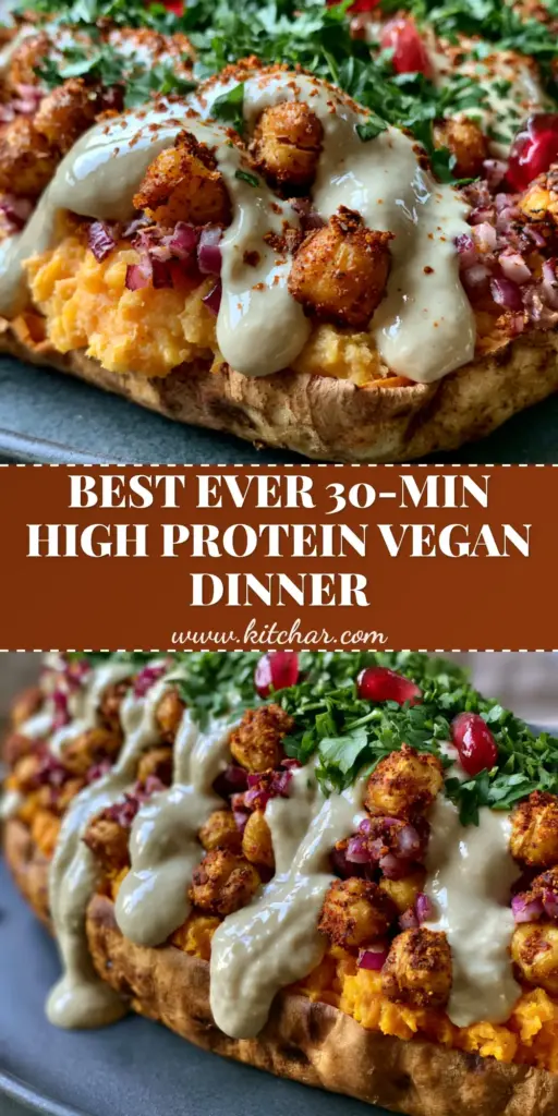 A vertical Pinterest graphic showing a close-up of Vegan Stuffed Sweet Potatoes with steaming orange flesh, crispy chickpeas, and a thick tahini drizzle on a charcoal plate.