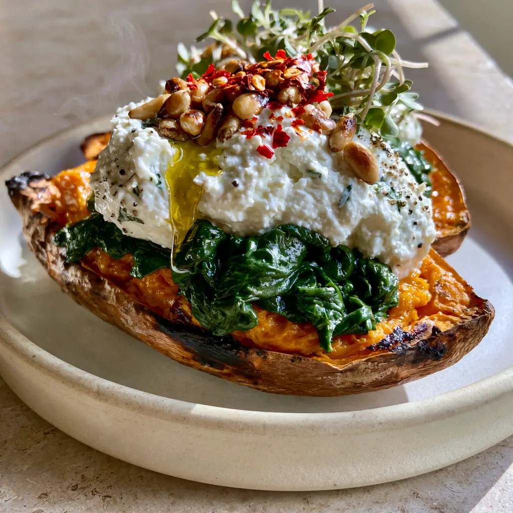 Vertical eye-level shot of caramelized sweet potato halves with steaming herbed ricotta and wilted spinach. (Stuffed Sweet Potatoes with Ricotta and Spinach)