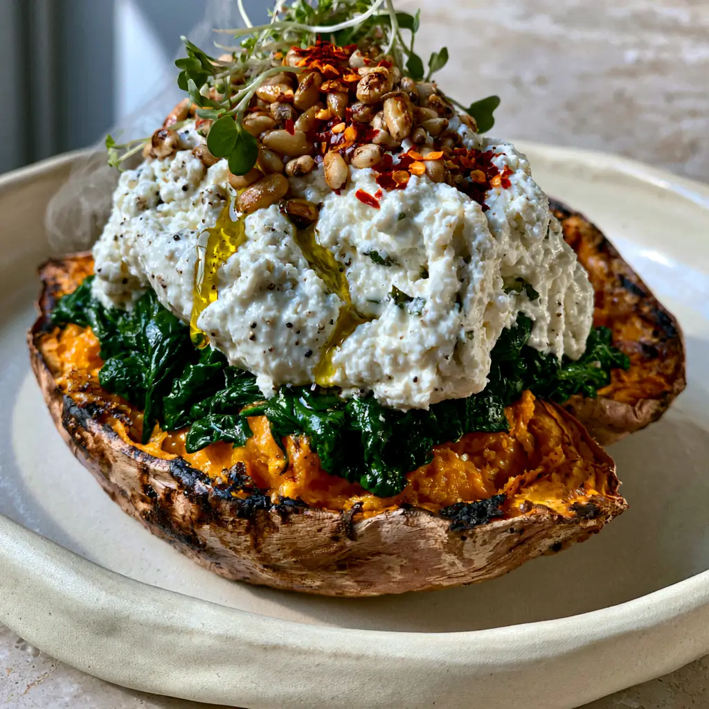 Stuffed Sweet Potatoes with Ricotta and Spinach: A Creamy & Healthy Dinner 1 Close-up of fluffy herbed ricotta cheese and toasted pine nuts on a bed of spinach inside a roasted sweet potato.
