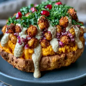 Extreme close-up of a roasted sweet potato split open to show fluffy orange flesh and crispy chickpea filling with tahini sauce ribbons. (Vegan Stuffed Sweet Potatoes)