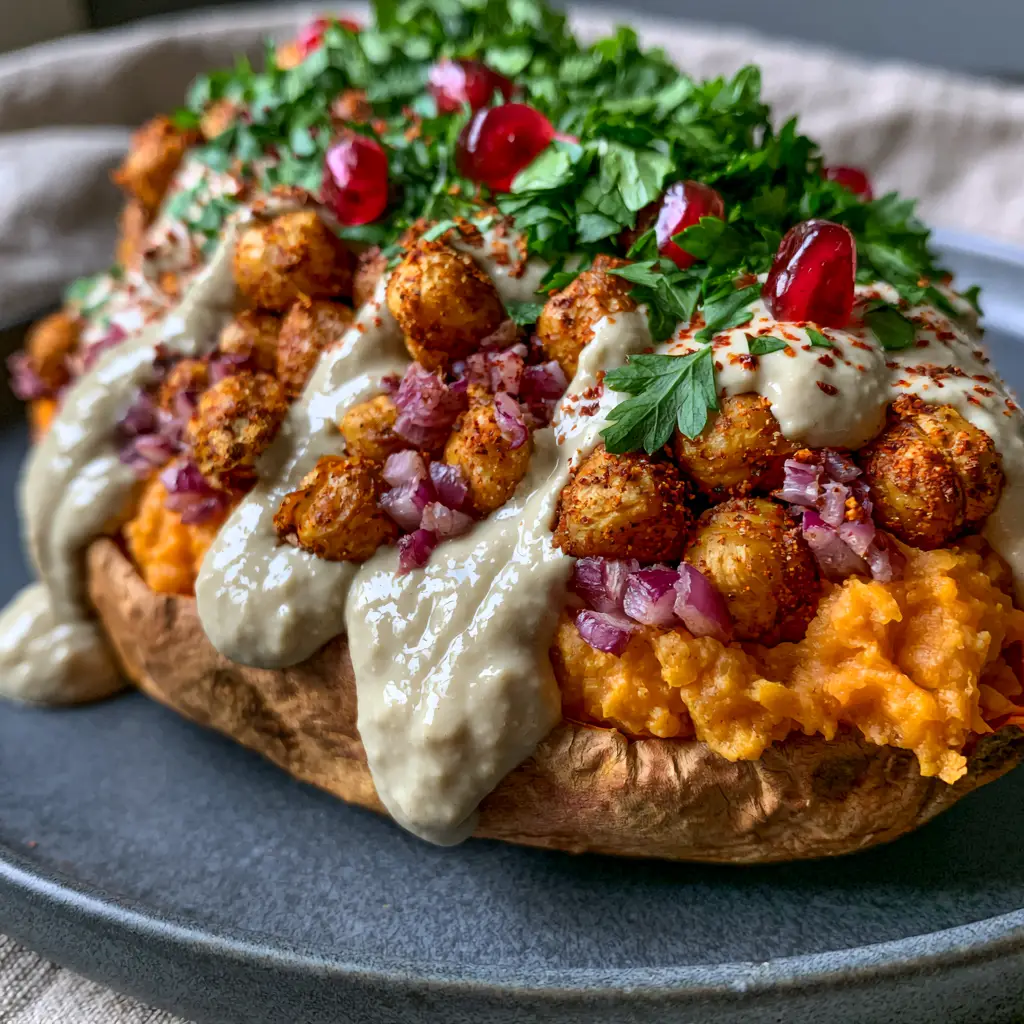 Overhead view of Vegan Stuffed Sweet Potatoes topped with pomegranate seeds, red onion, and fresh parsley on a grey ceramic plate.