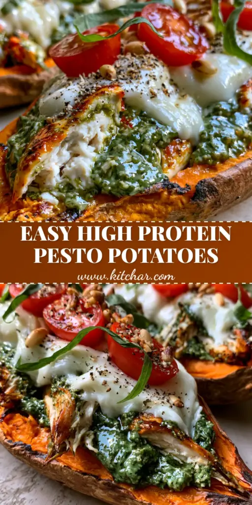 Chicken Pesto Stuffed Sweet Potatoes with Blistered Tomatoes 3 A close-up of two halves of Chicken Pesto Stuffed Sweet Potatoes overflowing with shredded chicken, pesto, melted mozzarella, and blistered tomatoes on a rustic wooden background.