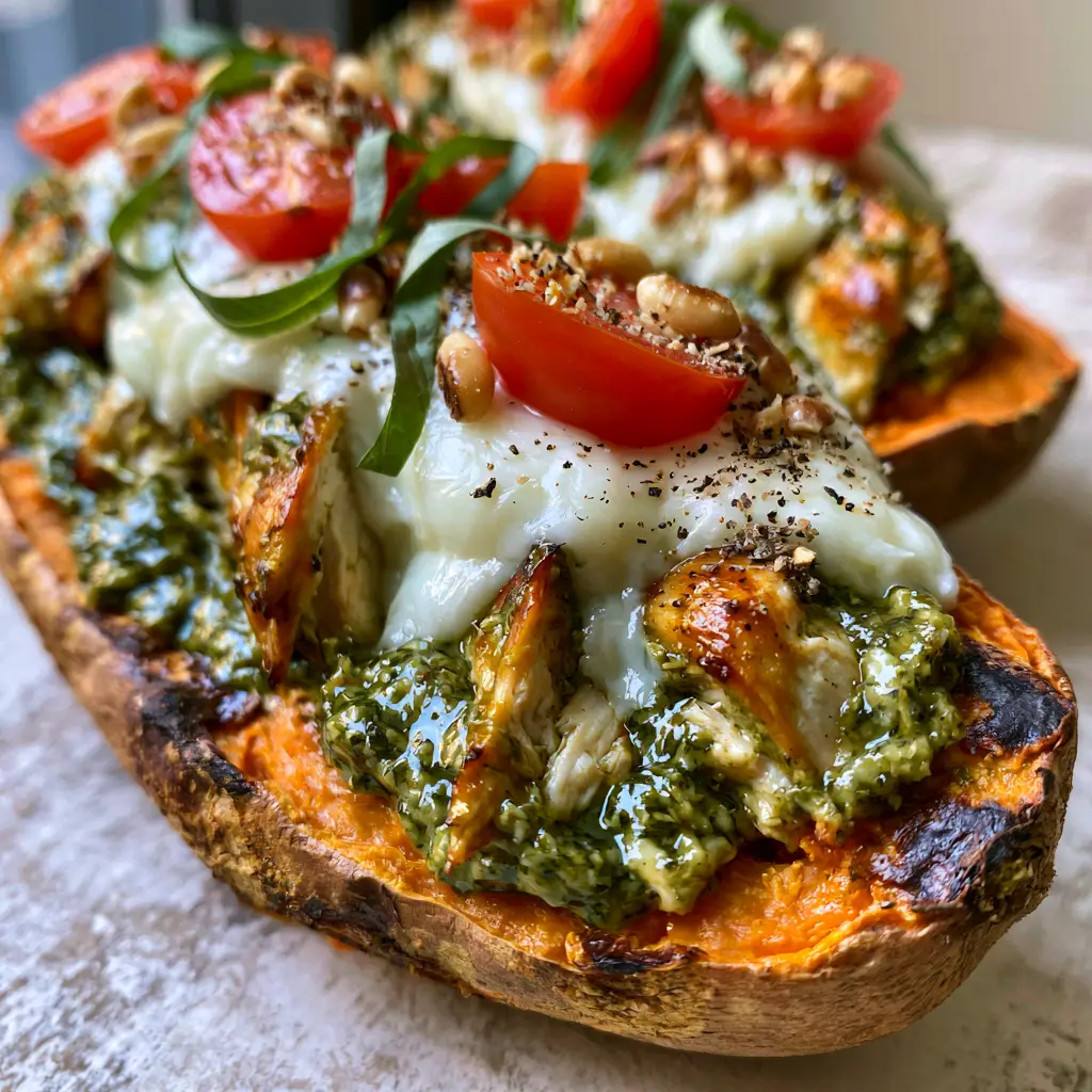 Overhead shot of Roasted Chicken Pesto Stuffed Sweet Potatoes showing the vibrant orange flesh and glossy green pesto.