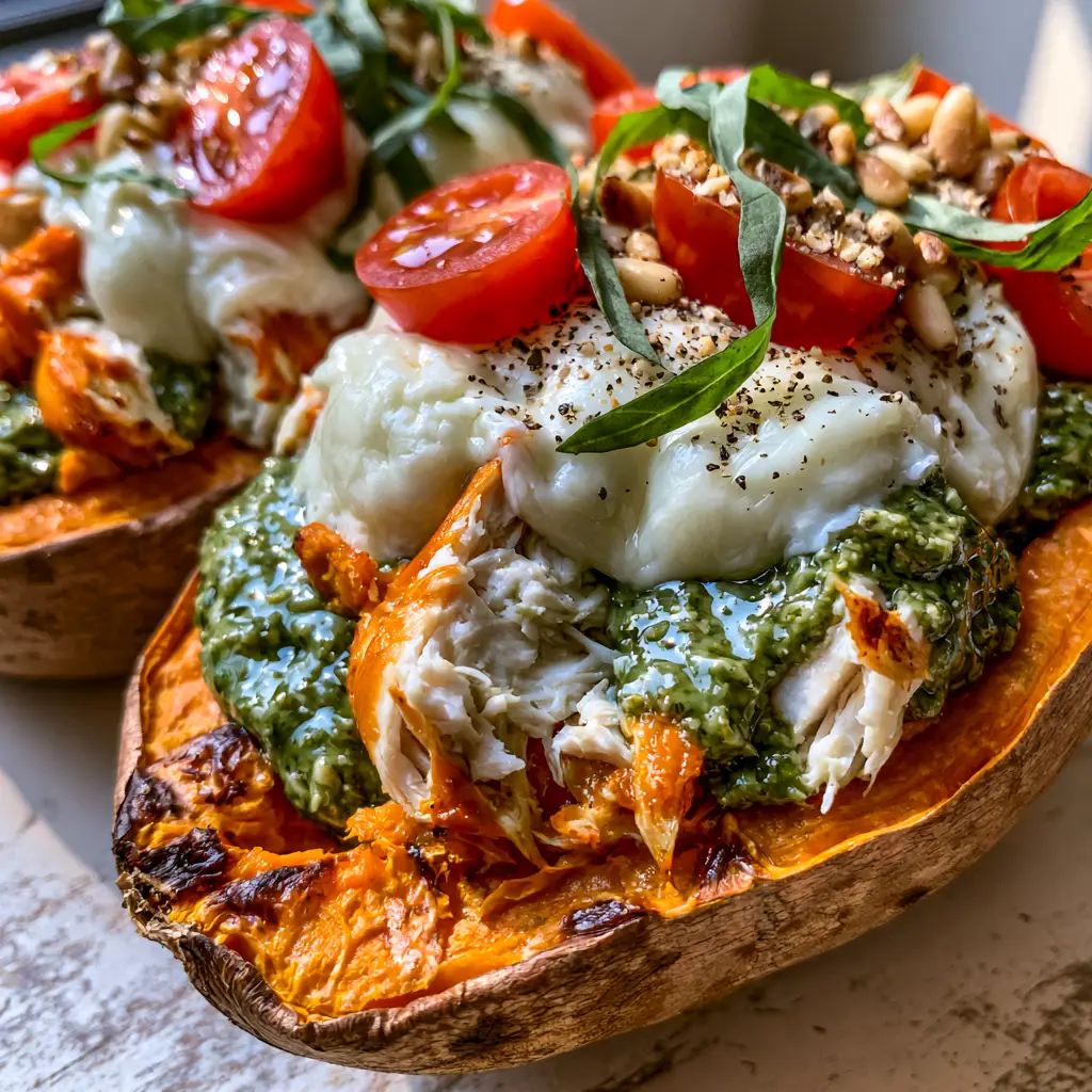 Chicken Pesto Stuffed Sweet Potatoes with Blistered Tomatoes 1 Detailed view of melted mozzarella cheese and blistered cherry tomatoes on top of pesto chicken stuffed potatoes.