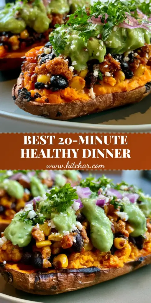 Two roasted stuffed sweet potatoes filled with ground turkey, beans, and corn, drizzled with avocado crema on a grey plate. (stuffed sweet potatoes)