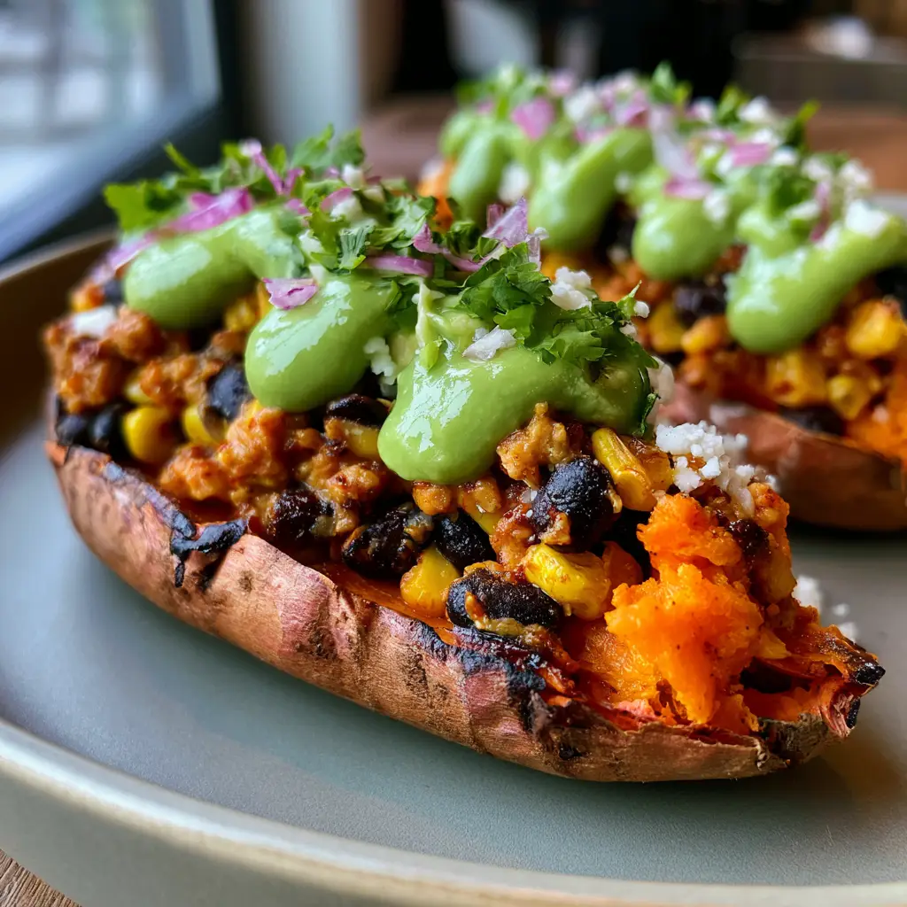 Close up handheld photo of stuffed sweet potatoes showing charred skins and steam rising. (stuffed sweet potatoes)
