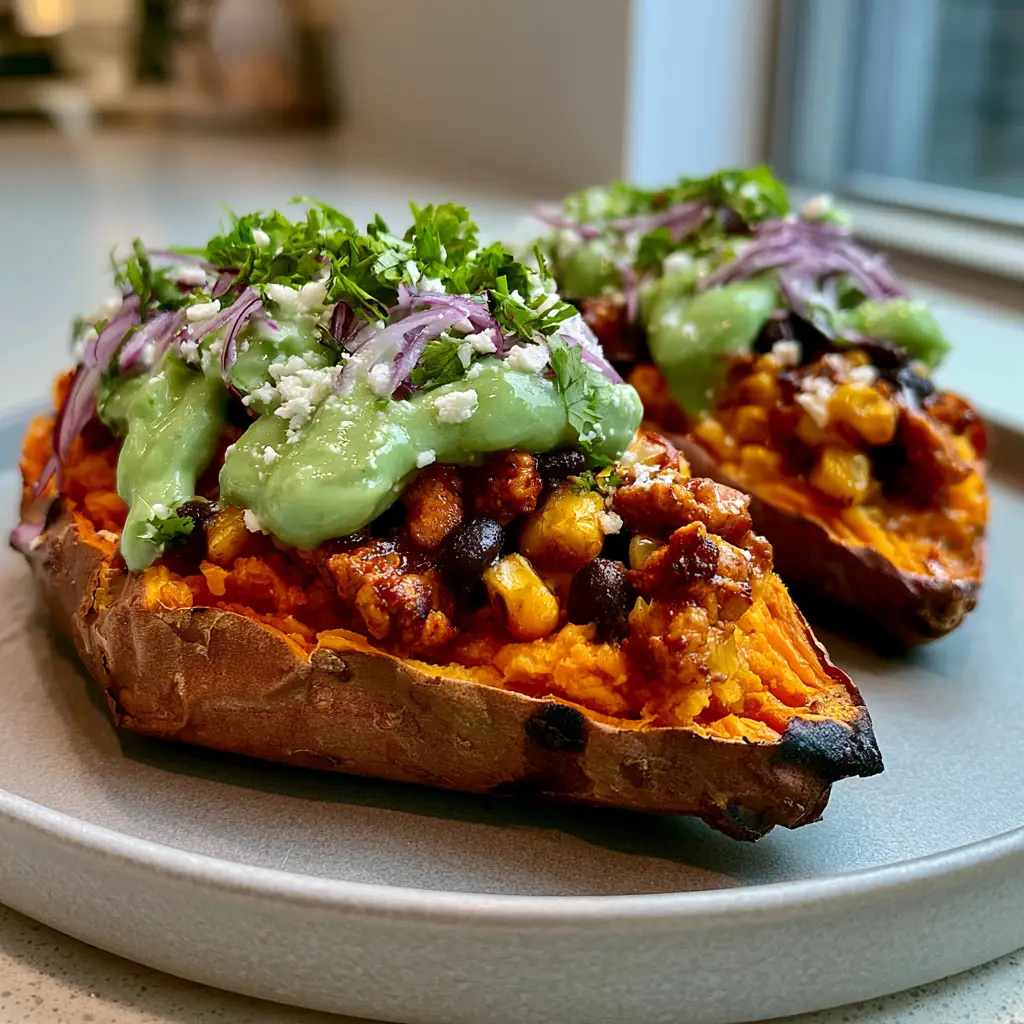 Artistic drizzle of avocado lime crema over stuffed sweet potatoes with cotija cheese and red onions.