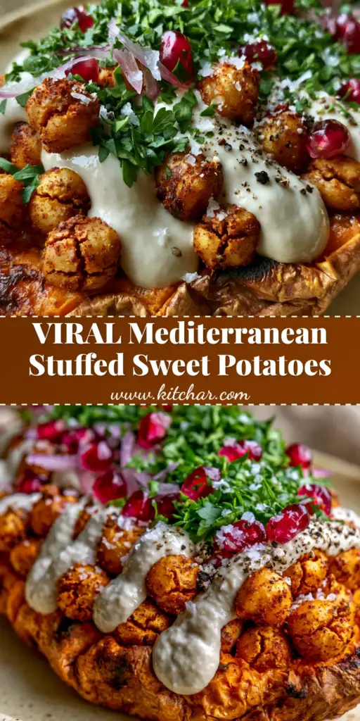 Mediterranean Stuffed Sweet Potatoes with Crispy Chickpeas and Tahini 3 A close-up shot of mediterranean stuffed sweet potatoes topped with crispy spiced chickpeas, pomegranate arils, and a thick tahini drizzle on a white plate.