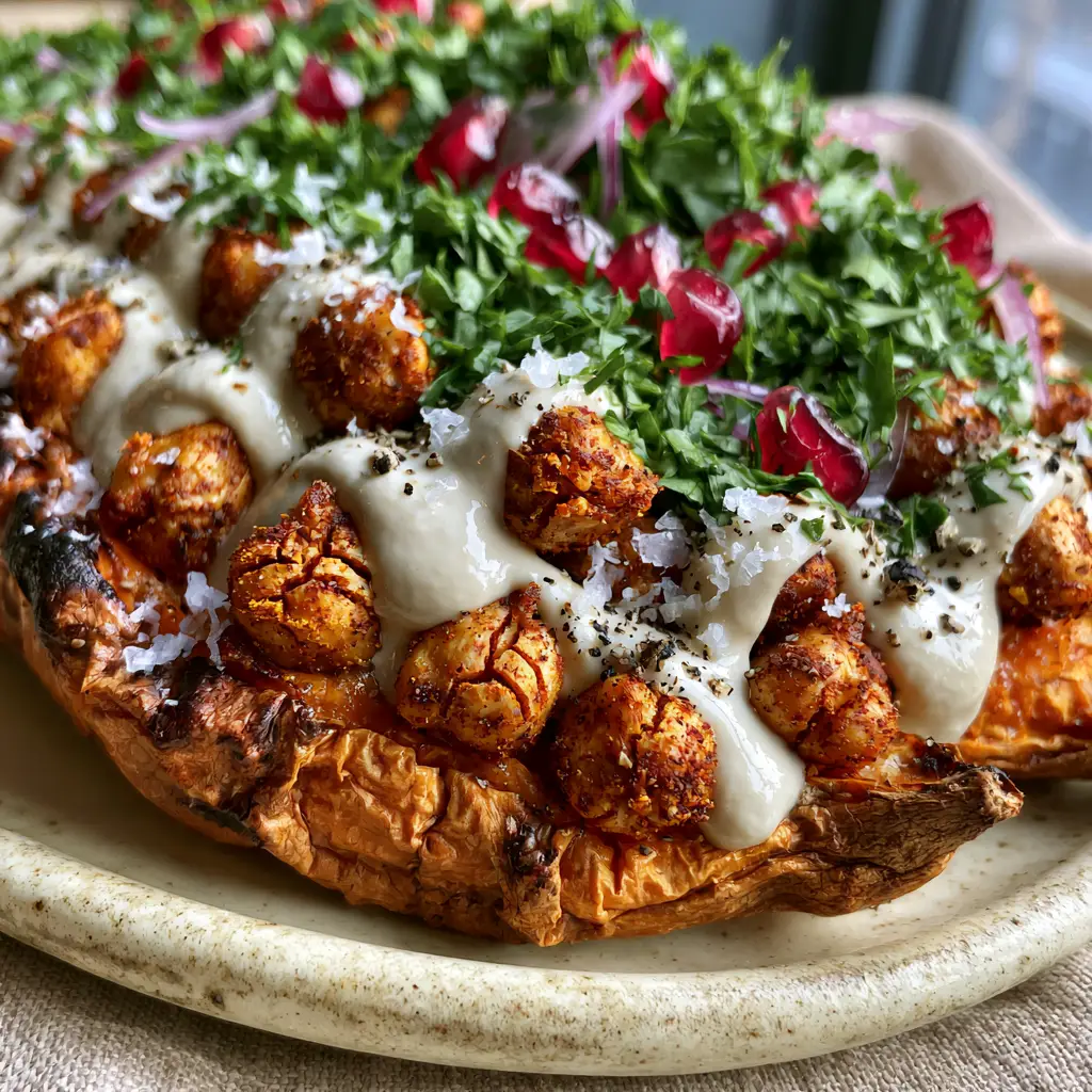 Macro photo of a caramelized roasted sweet potato split open and stuffed with spiced chickpeas and tahini sauce. (mediterranean stuffed sweet potatoes)