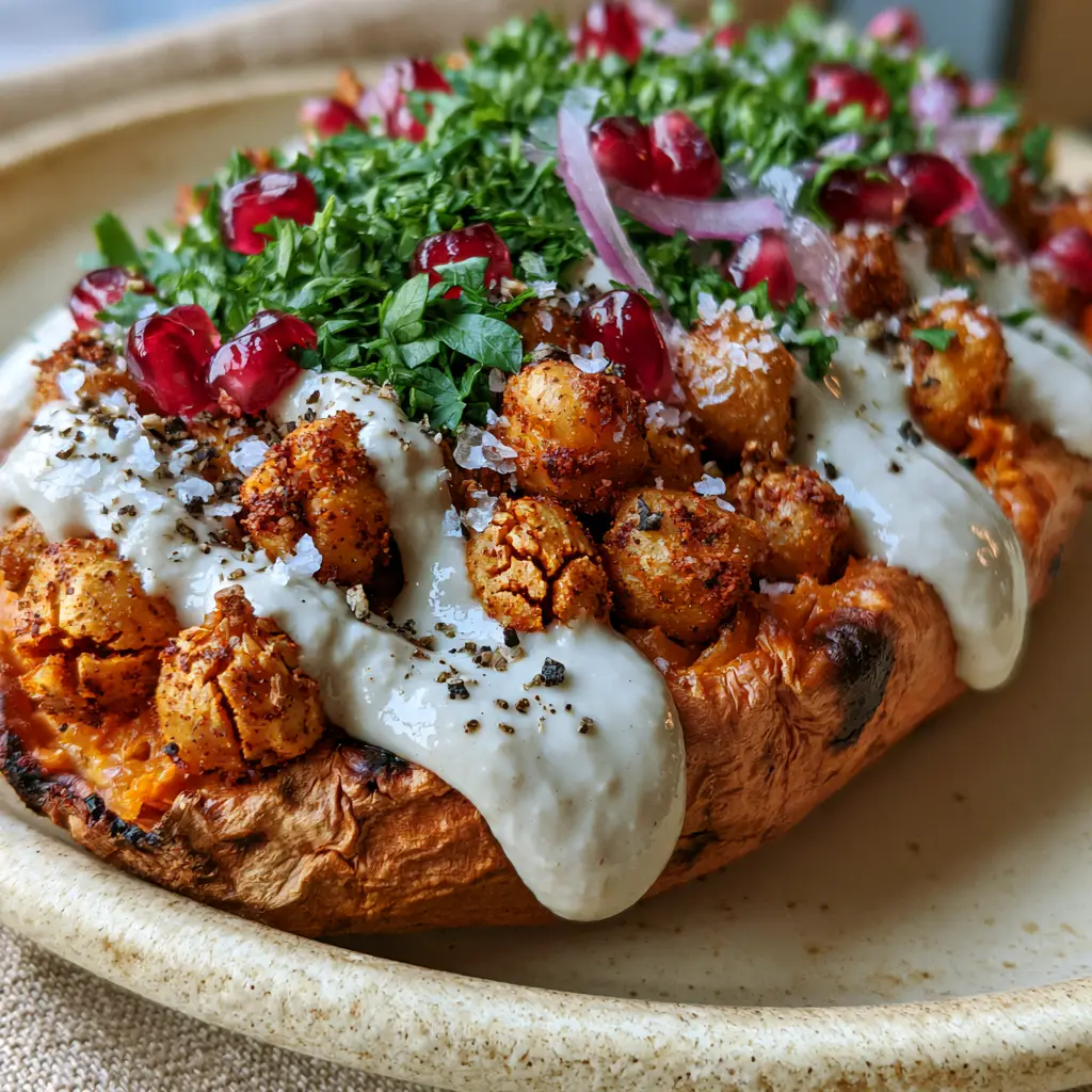 Mediterranean Stuffed Sweet Potatoes with Crispy Chickpeas and Tahini 1 Detailed view of mediterranean stuffed sweet potatoes featuring pomegranate arils, red onion slivers, and flaky sea salt.