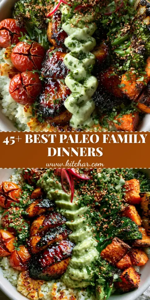 Paleo Family Dinner Recipes: Honey Garlic Chicken and Toasted Cauliflower Rice Bowls 4 A gourmet top-down shot of a Paleo dinner bowl featuring honey-garlic chicken, charred vegetables, and avocado crema. (Paleo family dinner recipes)