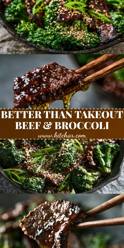 Beef and Broccoli with Velvety Flank Steak and Ginger-Soy Glaze 4 A split-screen Pinterest pin showing a cast iron skillet of beef and broccoli on top and a macro close-up of glossy beef on chopsticks below.