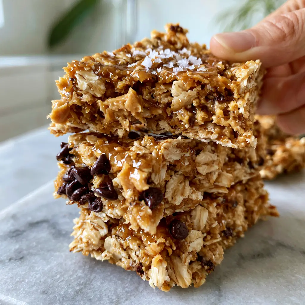Close-up eye-level shot of a stack of No Bake Granola Bars on a light grey marble surface with visible oats and chocolate chips.