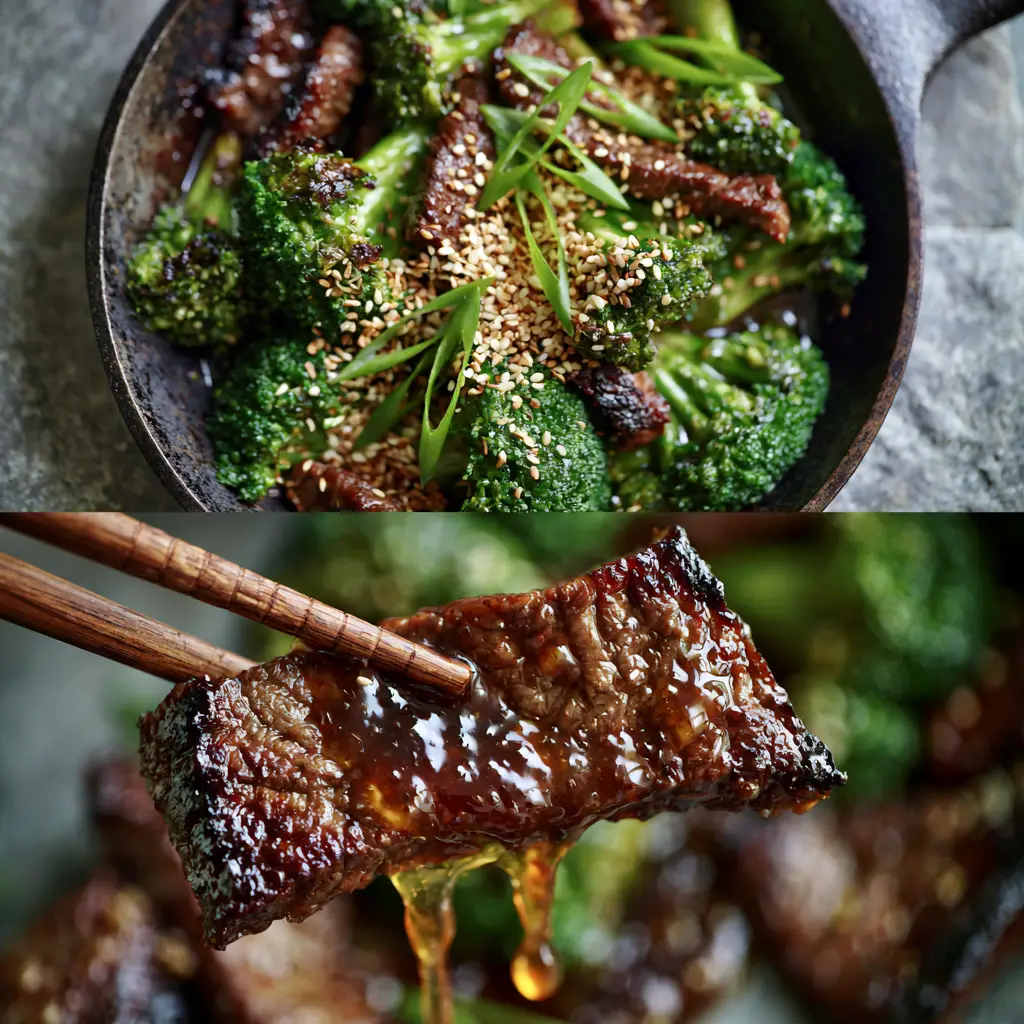 Beef and Broccoli with Velvety Flank Steak and Ginger-Soy Glaze 2 Top-down view of a rustic matte black cast iron skillet filled with beef and broccoli, garnished with sesame seeds and scallions.