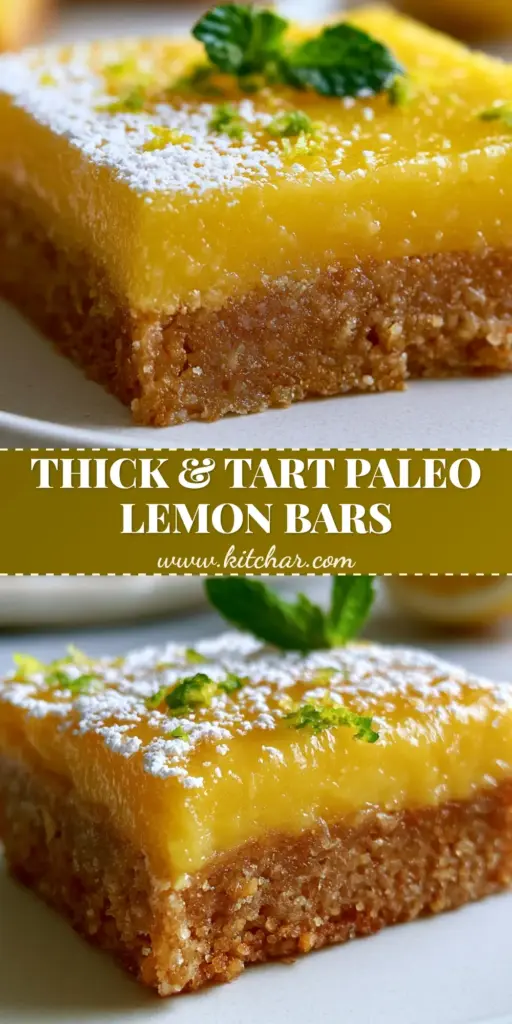 Paleo Lemon Bars with a Toasted Almond Shortbread Crust 3 A close-up of thick paleo lemon bars with a golden almond crust and vibrant yellow curd, dusted with arrowroot powder. (paleo lemon bars)