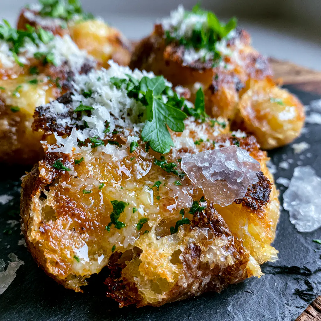 Smashed Potatoes Recipe: The Secret to Glass-Shattering Crispy Edges 2 Extreme macro close-up of jagged golden-brown crispy edges on a smashed potato with garlic butter. (Smashed potatoes recipe)