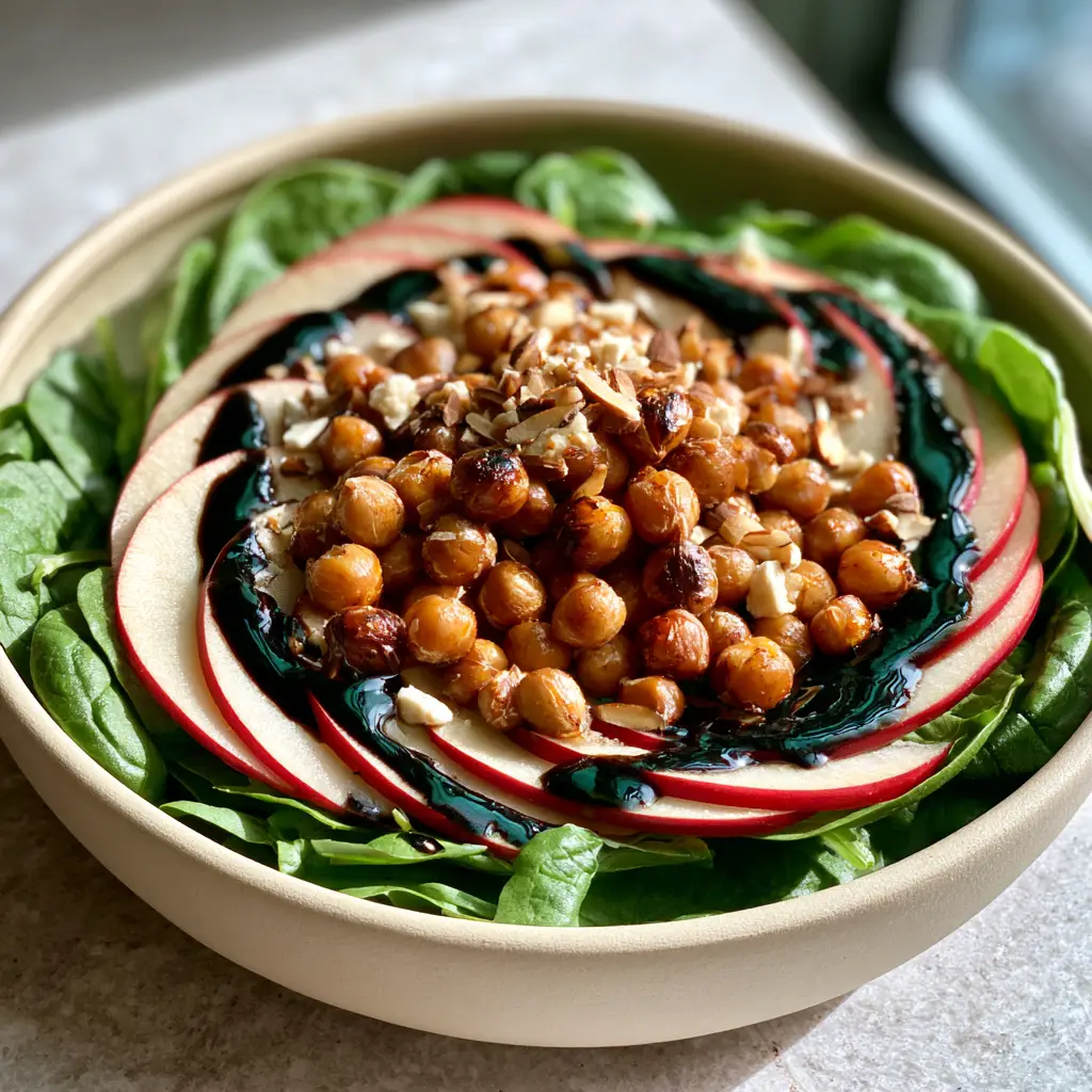 Spinach Apple Chickpea Salad with Glossy Maple Balsamic Glaze 1 Close-up of golden-brown roasted chickpeas with cracked skins and thin red apple slices on a bed of spinach. (spinach apple chickpea salad)