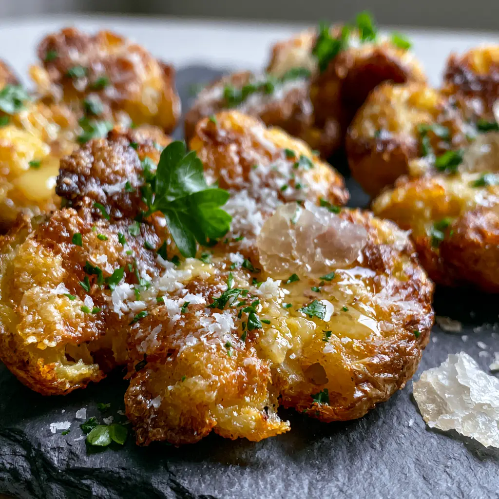 Smashed Potatoes Recipe: The Secret to Glass-Shattering Crispy Edges 1 Macro shot of snow-white micro-planed parmesan cheese melting over crispy roasted potatoes with flaky sea salt.