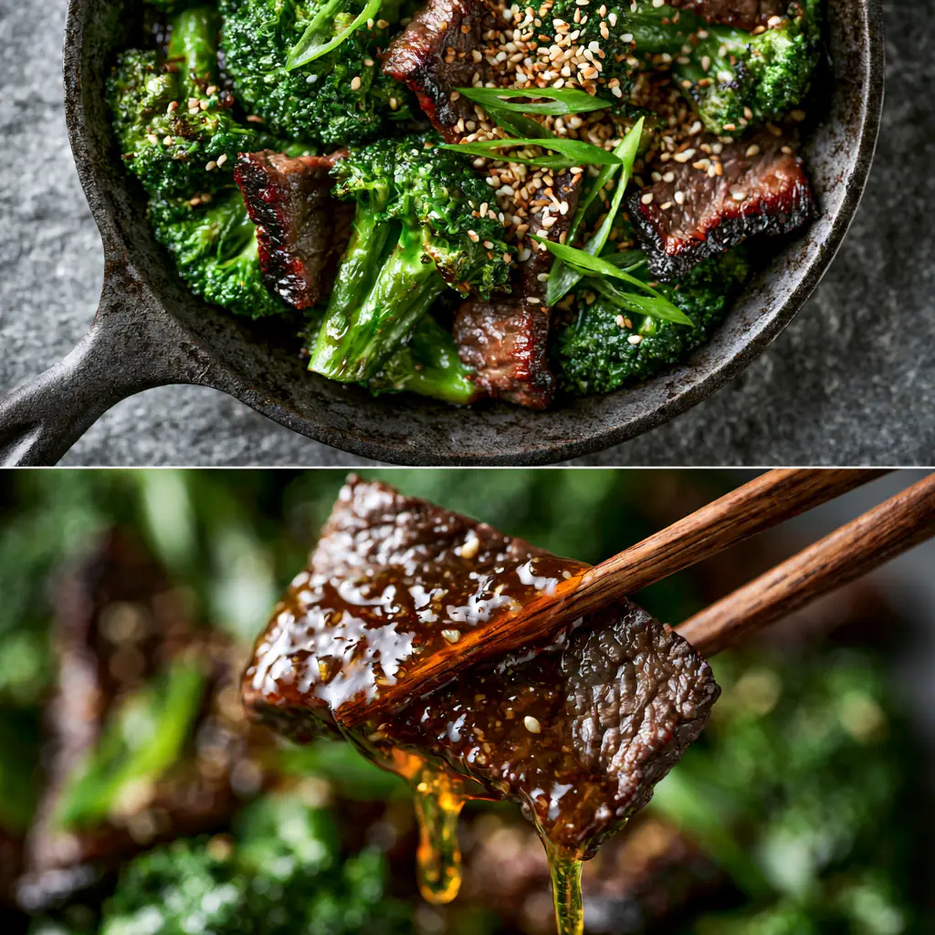 Beef and Broccoli with Velvety Flank Steak and Ginger-Soy Glaze 1 Extreme macro shot of a slice of velvety beef dripping with thick glossy dark amber ginger-soy sauce.