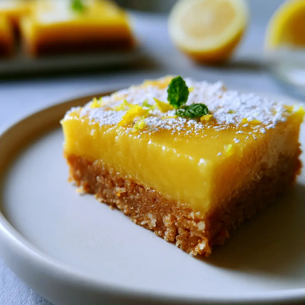 Paleo Lemon Bars with a Toasted Almond Shortbread Crust 2 A macro eye-level shot of a single thick paleo lemon bar slice on a matte white plate with sharp edges and mint garnish. (paleo lemon bars)