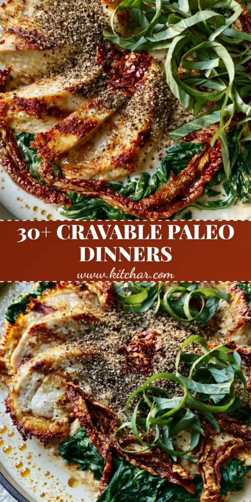 Paleo dairy-free recipes: Creamy Tuscan Garlic Chicken Skillet 4 A top-down view of a Paleo creamy Tuscan chicken skillet with golden-brown chicken slices and sun-dried tomatoes. (Paleo dairy-free recipes)